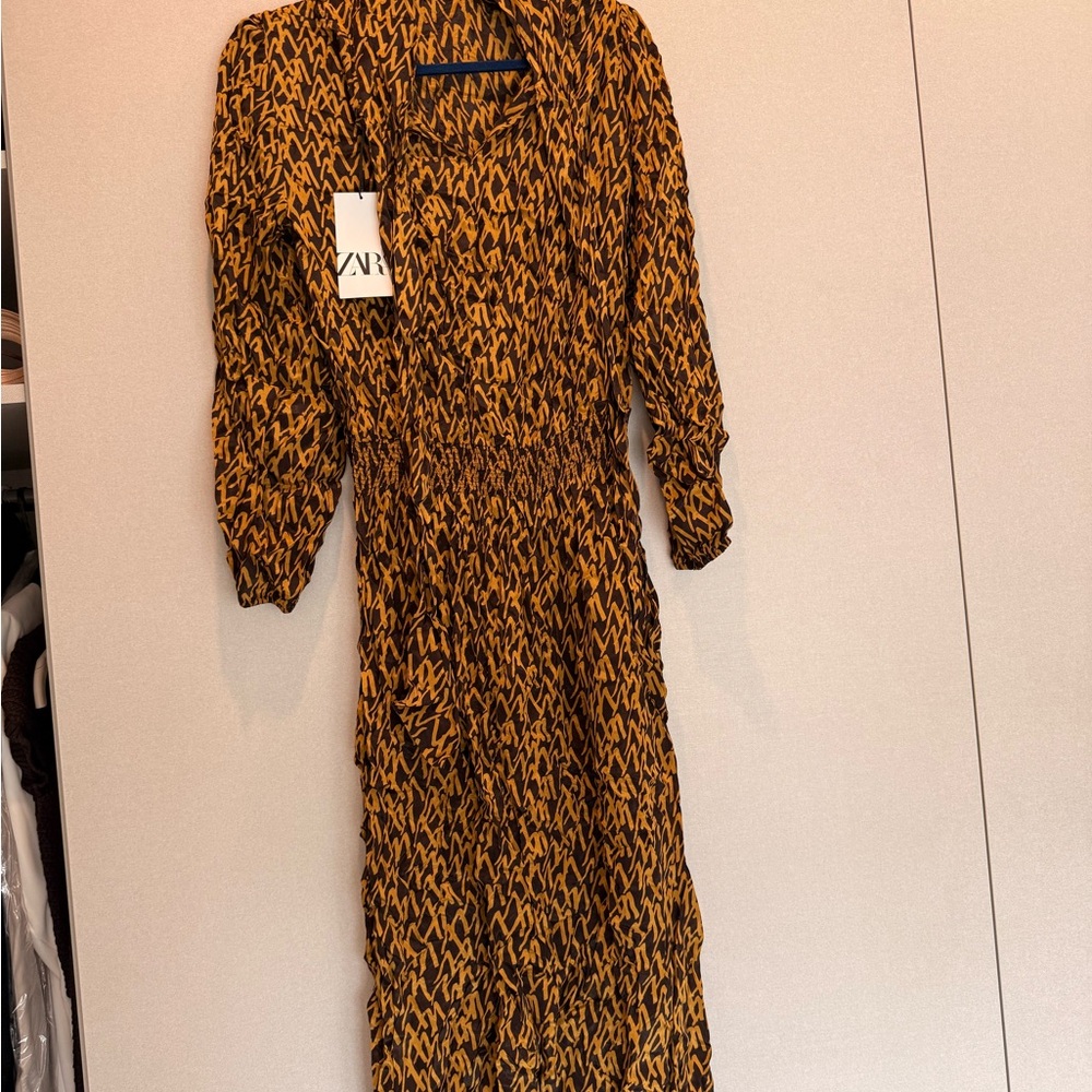 Zara Black and Mustard Printed Long Sleeve Midi Dress